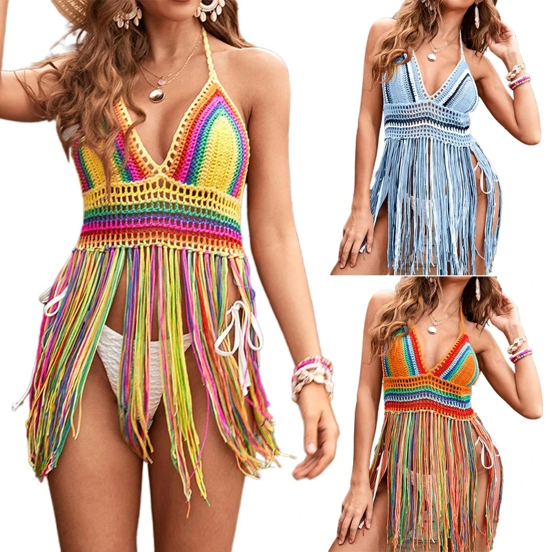 

Women Beach Crochet Knit Halter Top Boho Rainbow Striped Tassel Bikini Cover Up