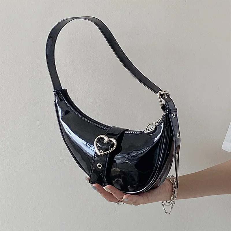 

Crescent Moon Women's Underarm Bag Patent Leather Cool Girls Love Heart Shoulder Bags Luxury Design Female Party Purse Handbags