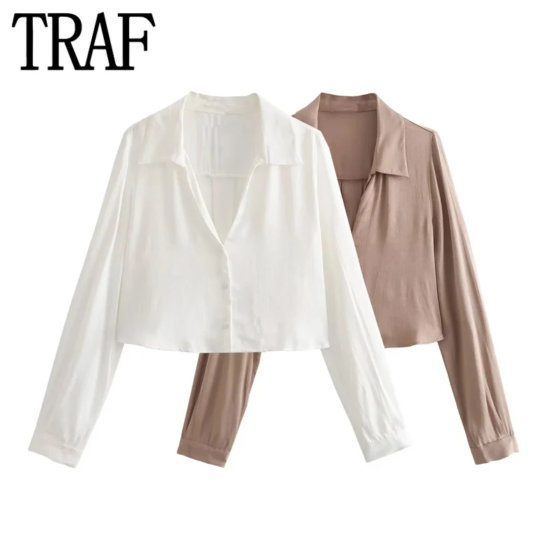 

TRAF Cropped White Shirt Women Satin Summer Blouses Woman 2023 Elegant Long Sleeve Blouse Women Collared Button Up Short Shirt