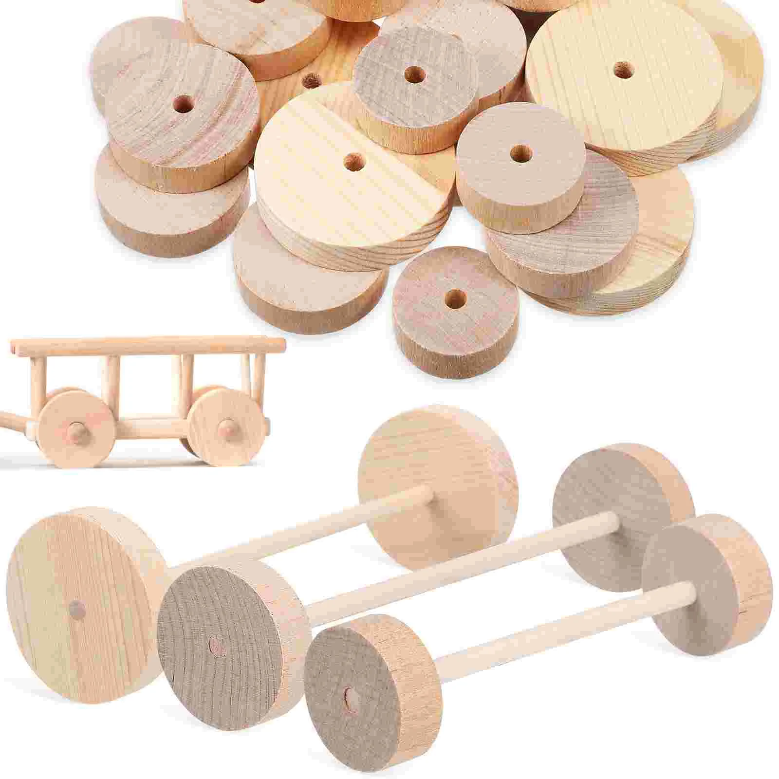 

1 Set Wooden Wheel and Stick Kit Unfinished Wooden Wheels Blank Craft Accessories