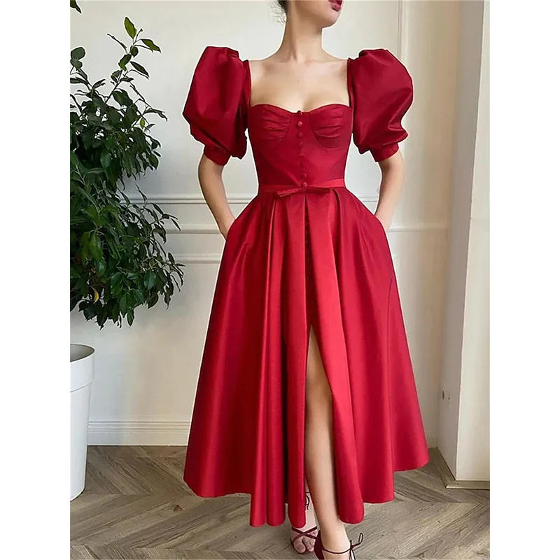 

2022 сексуальные красные коктейльные платья с короткими рукавами-фонариками, платье для торжественной вечеринки, выпускного вечера, женское ...