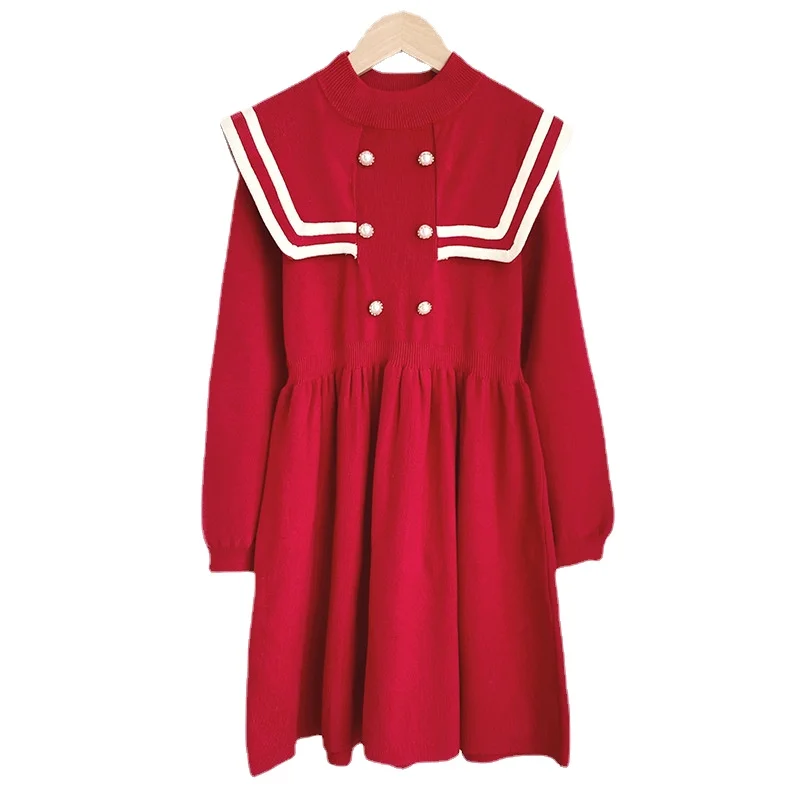 

Girls Knitting Dress 2023 Winter Children Elegant Princess Dress Kids Two Color Patchwork Clothing, #7177