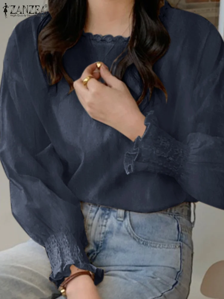 

Women Vintage O Neck Lace Vocation Chemise 2022 Spring Solid Loose Tunic Top Female Blusas ZANZEA Casual Long Puff Sleeve Blouse