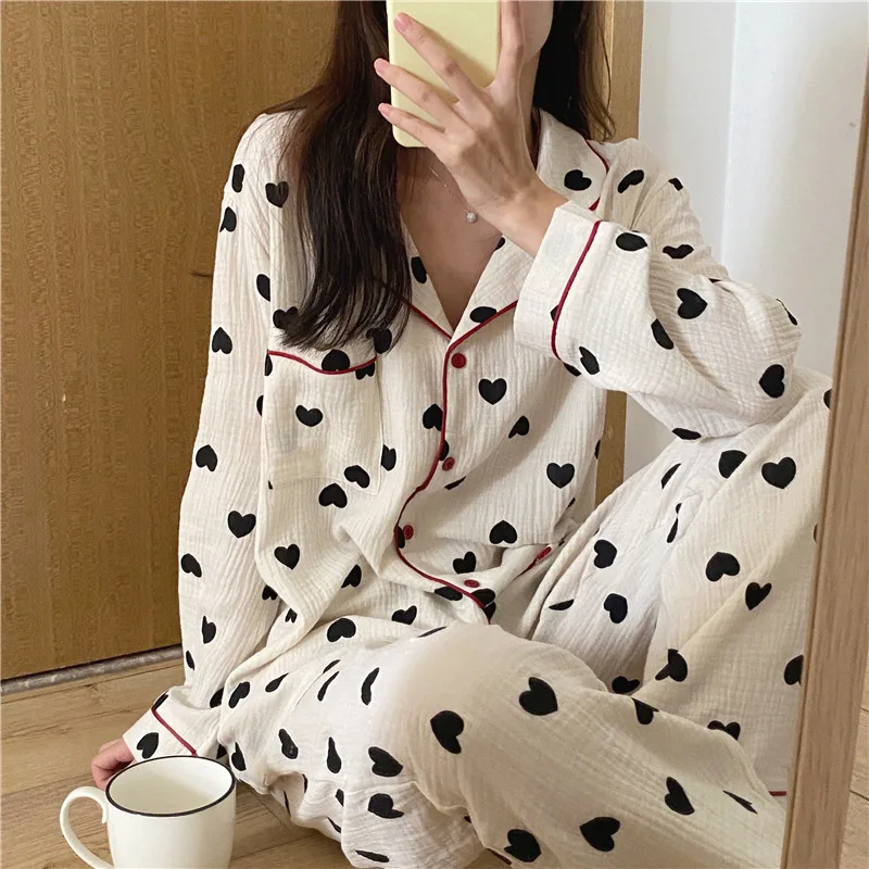 Love Pajamas Women's  Bedgown Spring/ Autumn Double-layer Yarn Cotton Gauze   Long-sleeved Two-piece Suit Breathable Home Wear