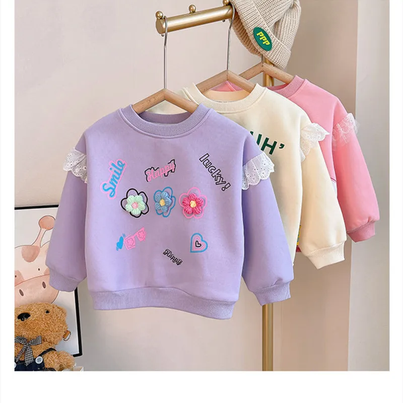 

Autumn Winter Children's Plush Sweater Girls Baby Sweatshirt Cute Flower Top Children's Thick Warm Bottoming Shirt