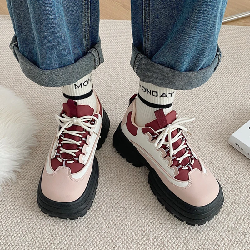 

Женские кроссовки на массивной платформе, повседневная спортивная обувь из искусственной кожи на шнуровке, толстая Вулканизированная подо...