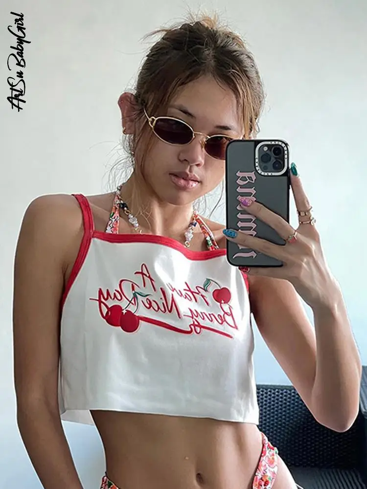 

White Crop Top Print Camisole Sleeveless Tank Top Patchowork Summer Clothes Graphic Cami Top 2022 Streetwear Y2K Top Women