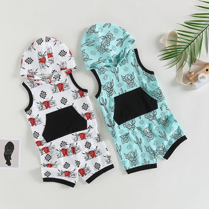 

2023-03-12 Lioraitiin 0-3Years Baby Boy 2Pcs Summer Outfits Cow Head Print Sleeveless Hooded T-shirt Stretch Casual Shorts
