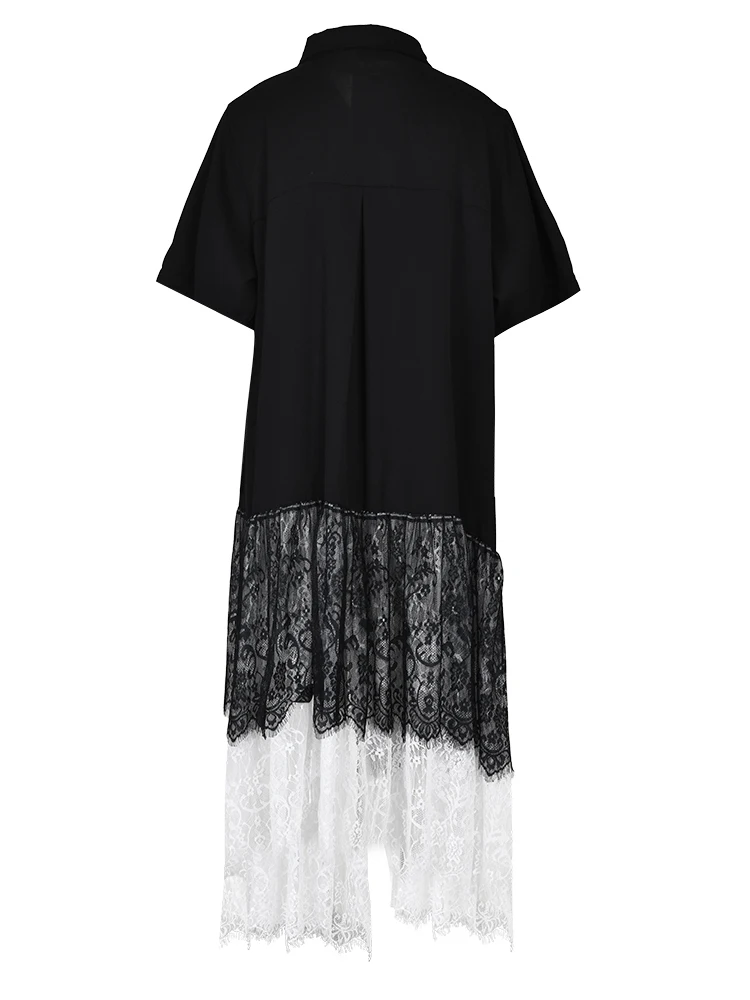 [EAM] Женское черное кружевное плиссированное платье-рубашка большого размера