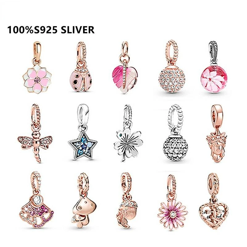 

100% S925 Sterling Silver Mushroom Dragonfly Pendant Charms Fit Original Pandoraer Necklace DIY Charm Beads Fine Jewelry Gift