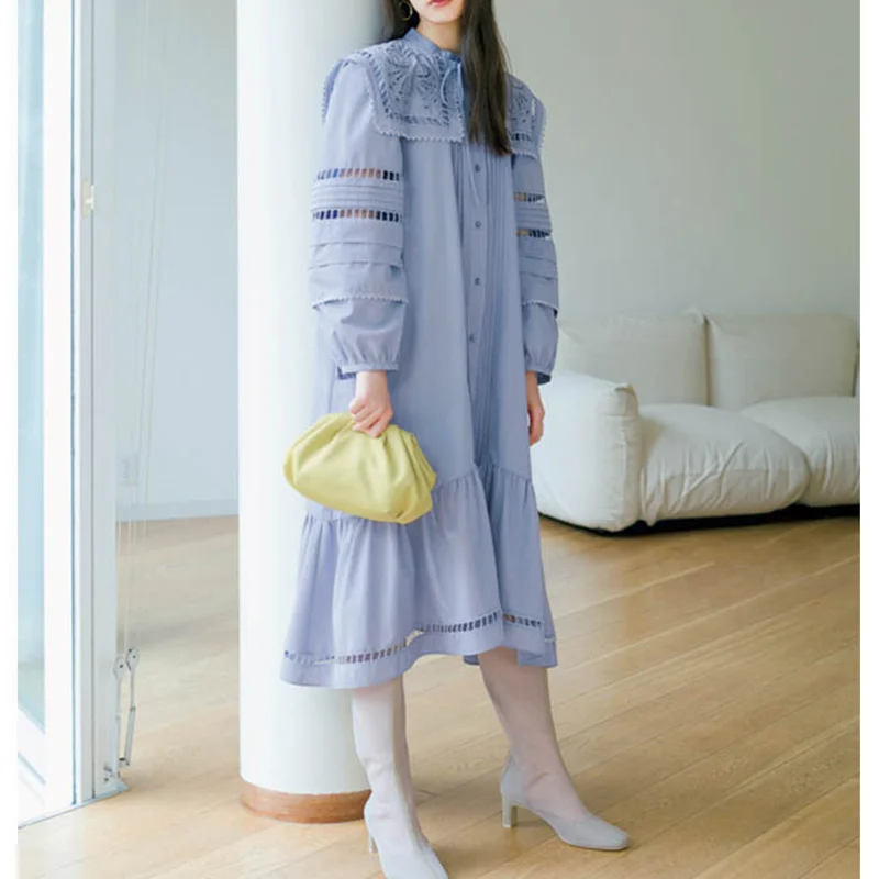 

A GIRLS Japanese Style Women Dresses Spring 2022 New Sweet Vestidos Long Hollow Embroidered Sailor Collar Loose Femme Robe