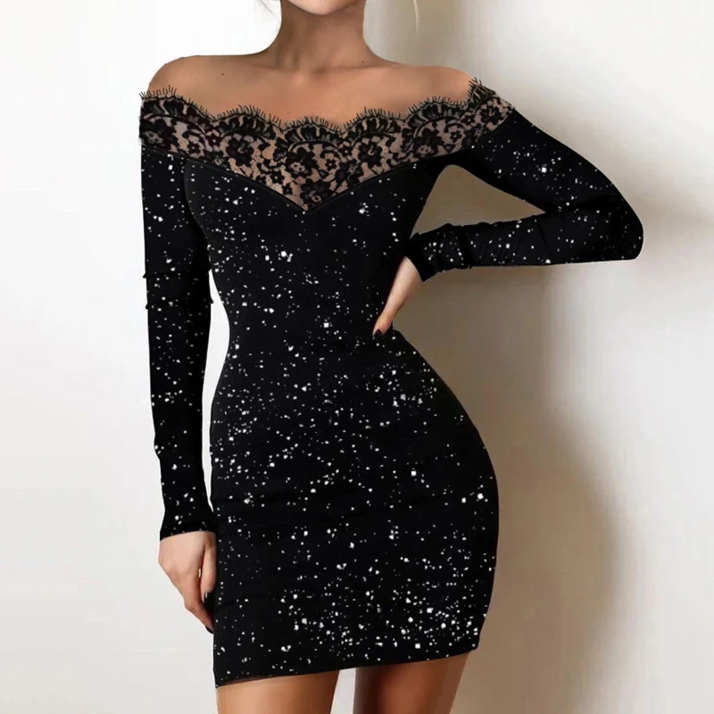 

AIIOU Shiny Women's Off Shoulder Mesh Mini Dress Sexy See Through Lace Patchwork Long Sleeve Slim Club Midnight Party Dresses