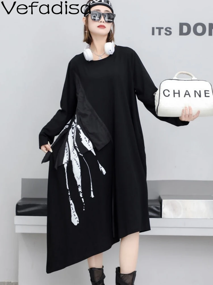 

Vefadisa 2023 Autumn Large Women's Medium Length Women's Autumn Irregular Dress Medium Long Sleeve Printed Long Dress ZY2047