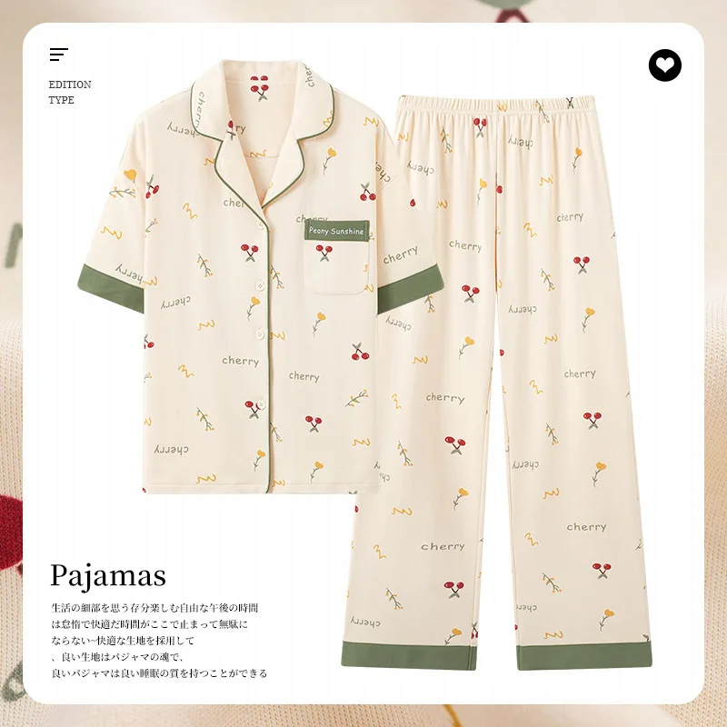 2023 New Summer Pure Cotton Women Pajama Sets Short Sleeve Long Pants All Cotton Lapel Loungewear Sleepwear Thin Two-piece Set