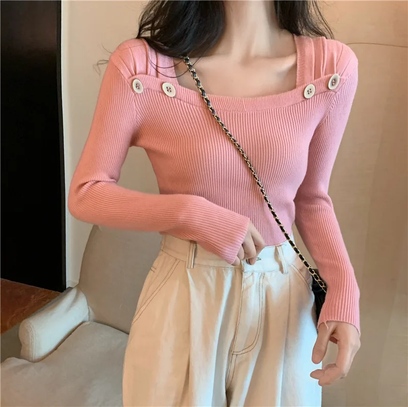 

Fashion Autumn Korean Style square collar Short Knitted Sweaters Women Thin Cardigan Open Front Button Up long Sleeve Top women