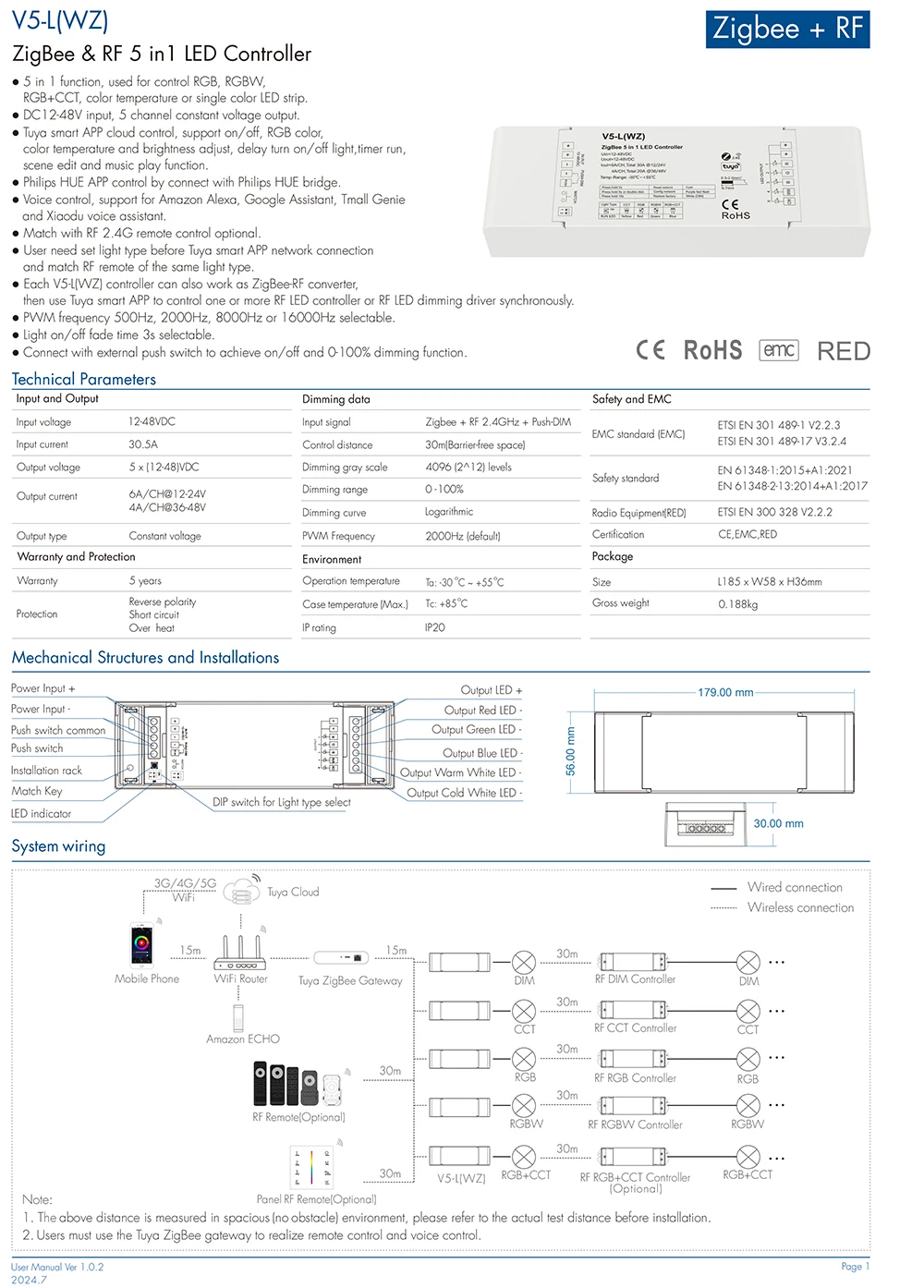 Фото Контроллер Tuya ZigBee RGBCCT 12 В 24 В постоянного тока 48 В 5 в 1 2,4G RF беспроводной шлюз Smart Life PWM для светодиодных лент RGB RGBW V5-L WZ №3