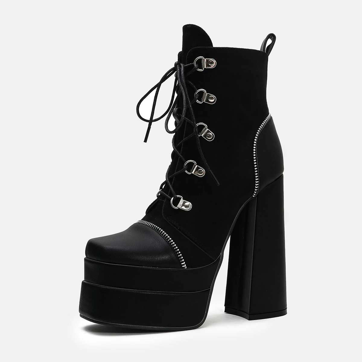 High Double Platform Women Lace Up Short Ankle Boots Thick Heel Shoes Square toe Ladies Custom Shoe 14.5cm Heels