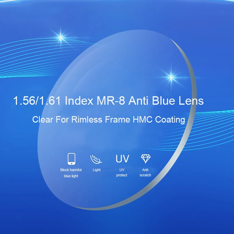 

MR-8 Single Vision Anti Blue Lens For Rimless Frame Clear HMC Coating Prescription Free Lens Cut Frame Fitment Optical Lenses