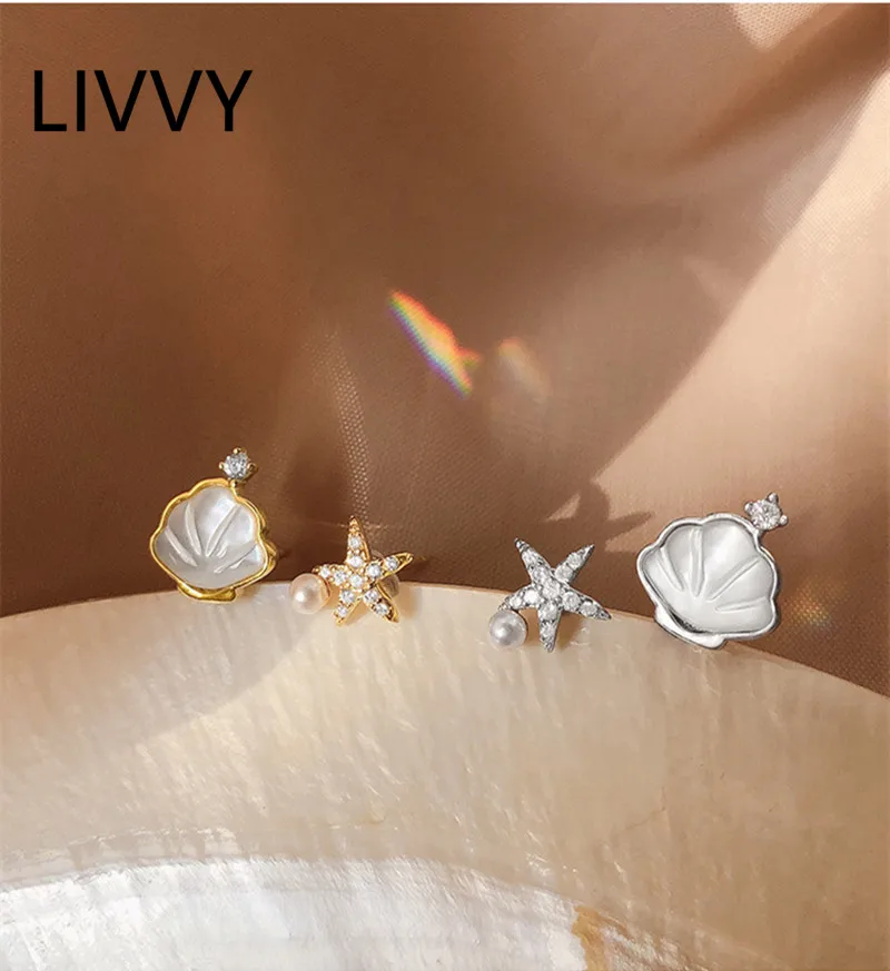 

LIVVY Silver Color Fashionable Zircon Seashell-Starfish Asymmetrical Stud Earrings Women Simple Exquisite Elegant Jewelry