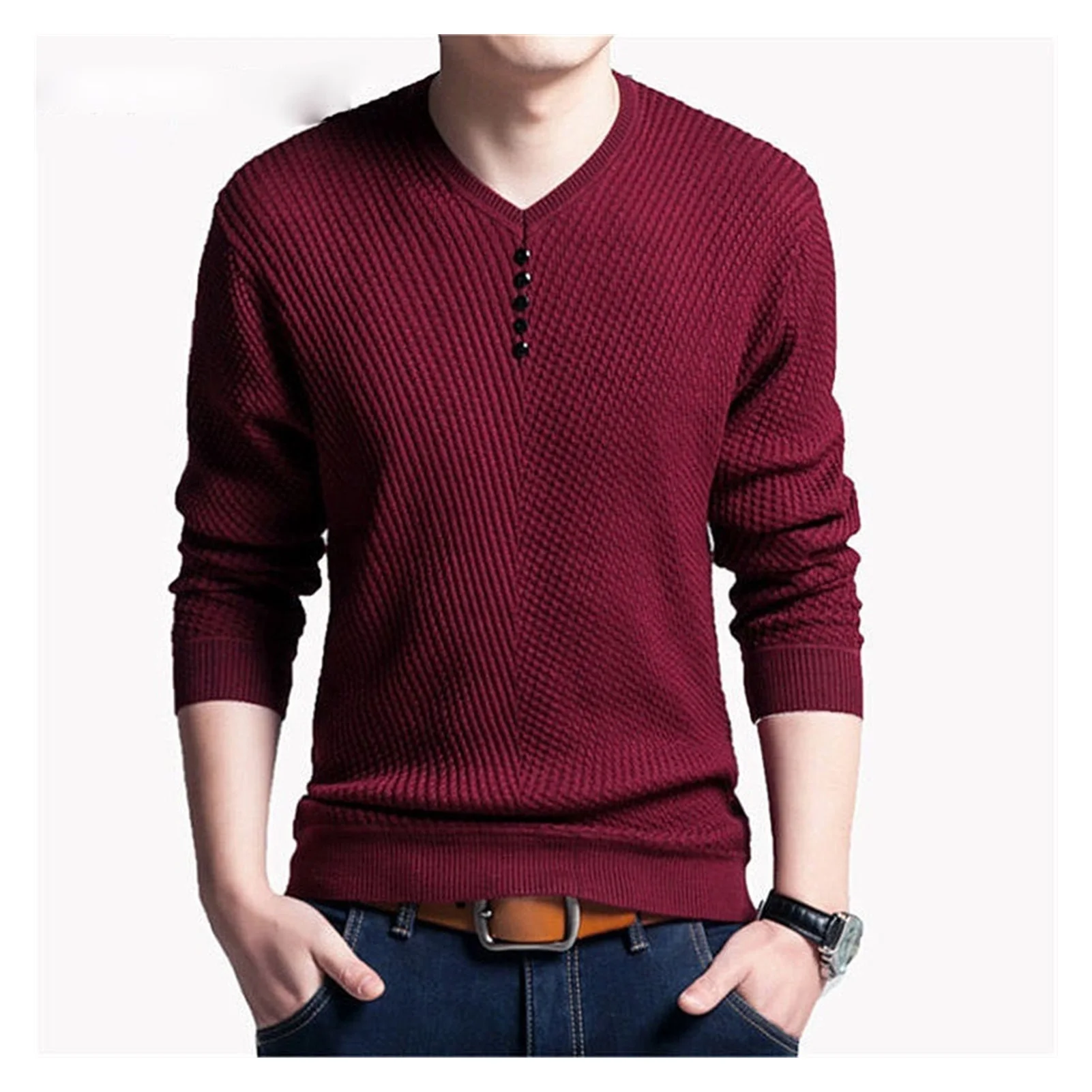 

Свитер мужской с V-образным вырезом, Повседневный пуловер на пуговицах, приталенный силуэт, длинный рукав, трикотажный, мягкий хлопок, 2020