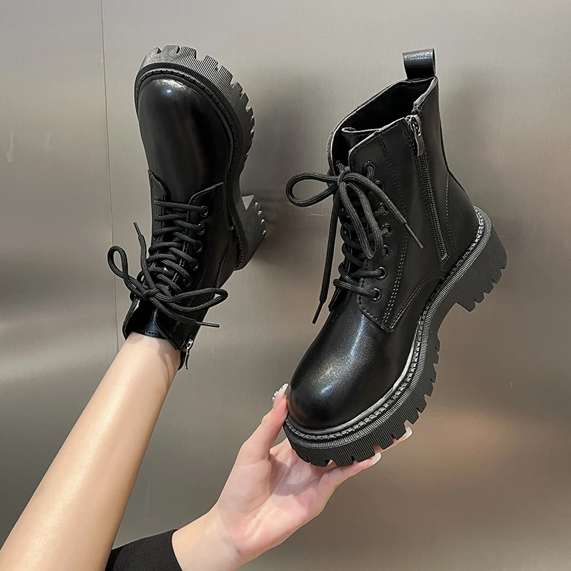 Women's Patent Leather Boots Ankle Boots Women's Chunky Heels Women's Flat Booties Rubber Sole Boots Botas  Women Shoes