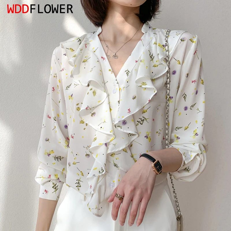 

Women 100% Mulberry Silk Crepe Silk white floral printed ruffles V neck long sleeve shirt Top Blouse office work MM224