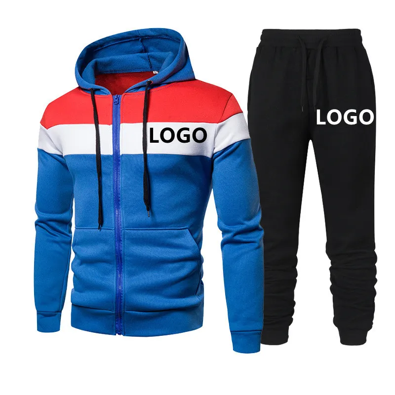 Custom Logo Spring Fall Tracksuits Men Jogging Hoodie 2 Piece Set Fashion Patchwork Pullover Hooded & Trousers Pant 2 Piece Set