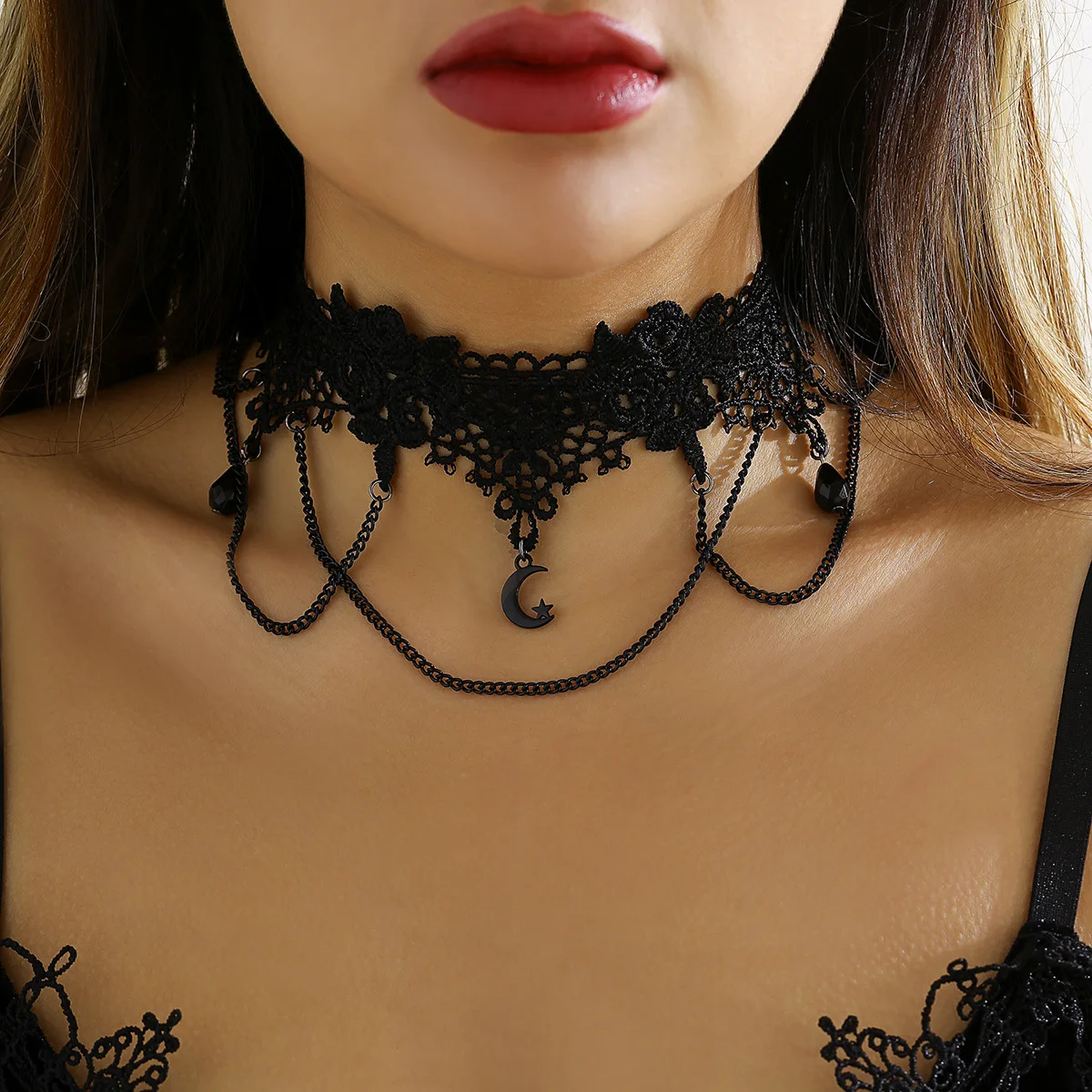 

2022 Gothic Black Flower Beads Necklace Necklace Ladies Sexy Lace Neck Vintage Fringe Chain Necklace Steampunk Jewelry