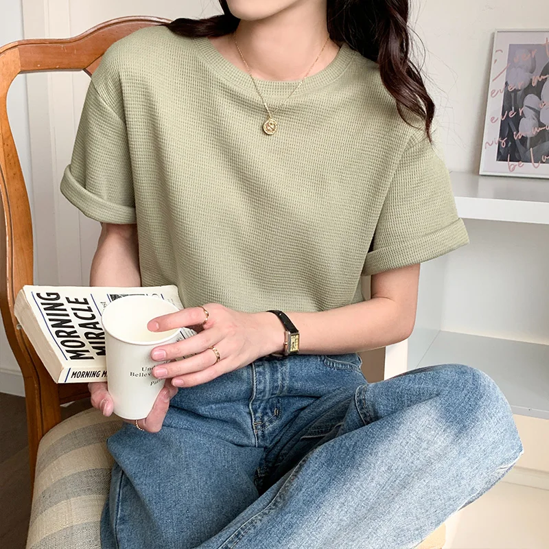 Футболка женская с вафельным принтом офисный простой Повседневный Топ лето |