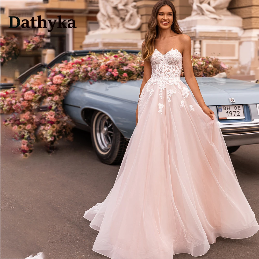 

Dathyka Chic Lace Appliques Wedding Dresses For Mariages Strapless Princess Wedding Gown For Bride Customized Robe De Mariée
