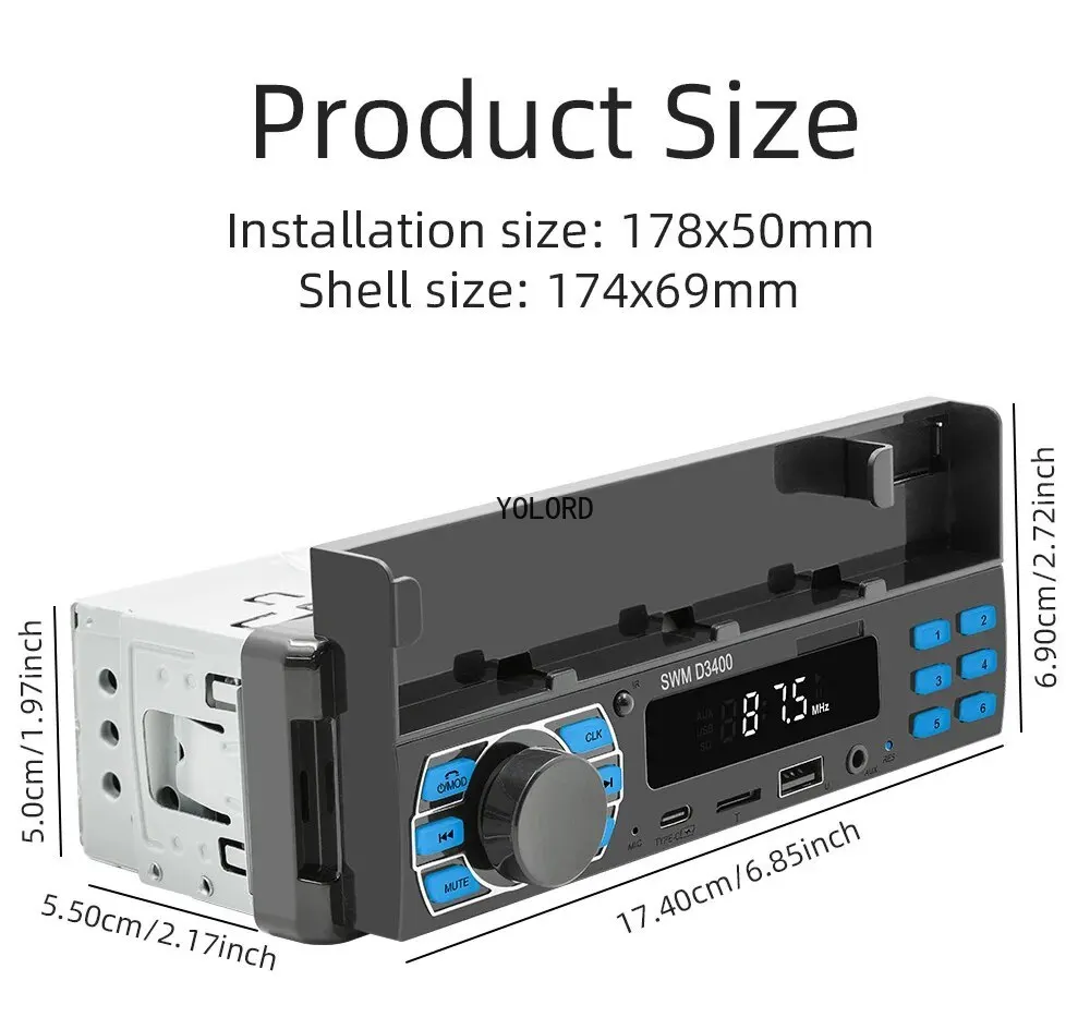 1Din Автомобильный радиоплеер MP3 Bluetooth USB TypeC TF AUX Автомобильная подставка для