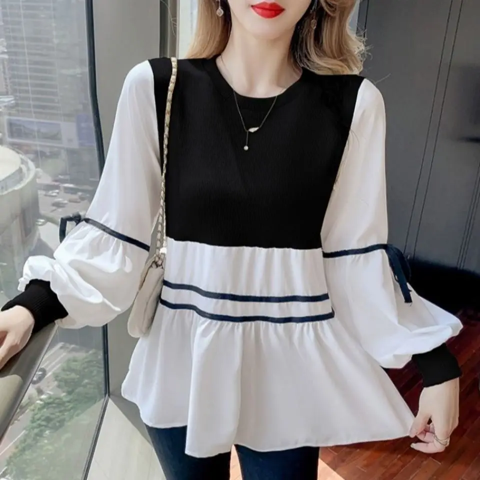 

2023 New Spring Autumn Women Korean Style Patchwork Shirt Lady Loose Fashion Casual O Neck Pullover Loose Blouses Tops S26
