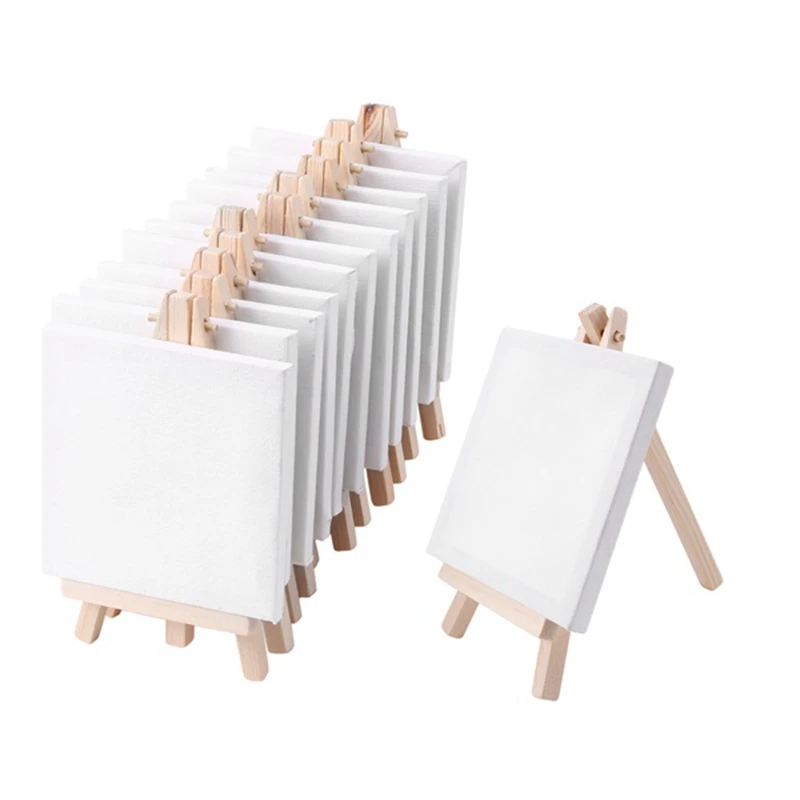 

4 By 4 Inch Mini Canvas And 8X16cm Mini Wood Easel Set For Painting Drawing School Student Artist Supplies, 12 Pack