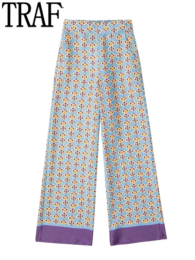 

TRAF 2022 Geometric Print Satin Pants For Women High Waist Wide Leg Pants Woman Baggy Casual Pants Sets Y2k Streetwear Trousers