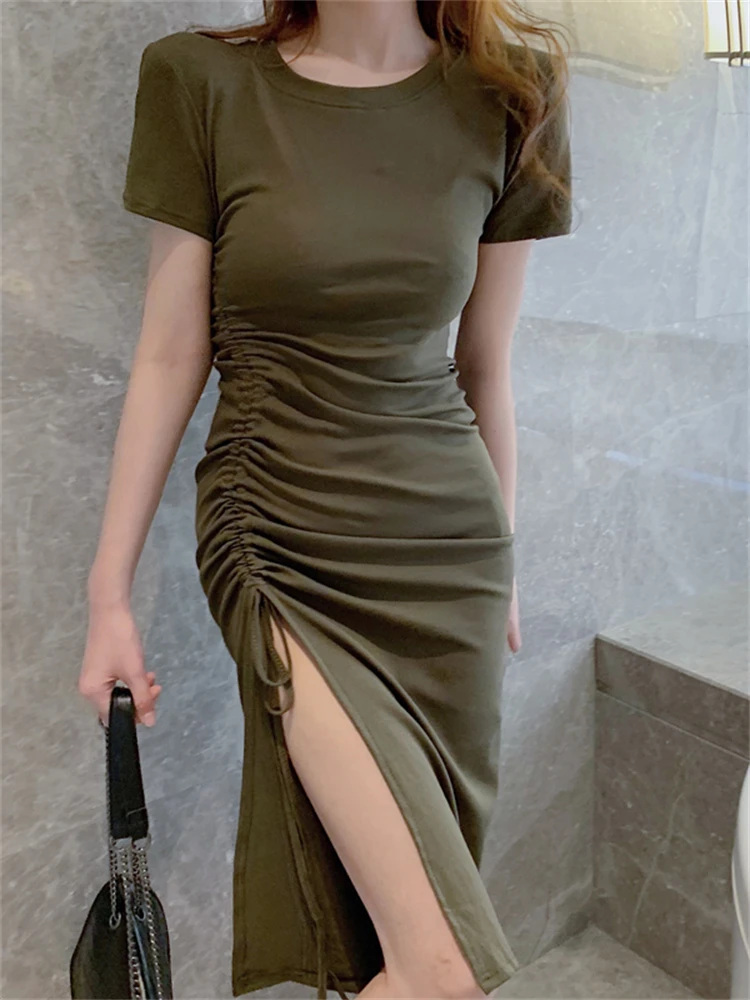 

Summer Women Fashion Sexy Bodycon Midi Dress Female Casual Drawstring Slit Vestdios Ladies Party Clothes