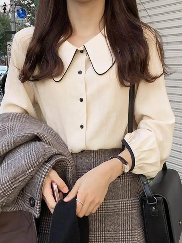 

Элегантная женская рубашка 2023 ZANZEA, модные корейские топы с пышными рукавами, повседневная классическая блузка с цветными блокировками, милая блузка с воротником в стиле Питера Пэна