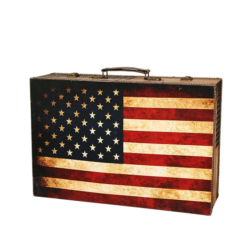 

Wooden Suitcase Flag Travel Wooden Storage Box Makeup Organizer Box Photography Props Treasure Chest Home Decoration