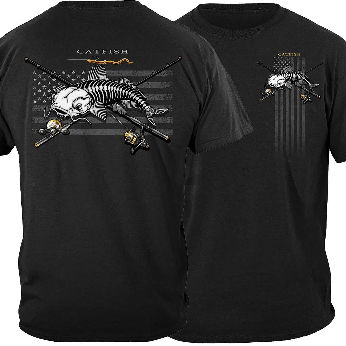 

USA Flag Catfish Skeleton Fisherman Fishing Patriotic Angler Gift T-Shirt 100% Cotton O-Neck Short Sleeve Casual Mens T-shirt