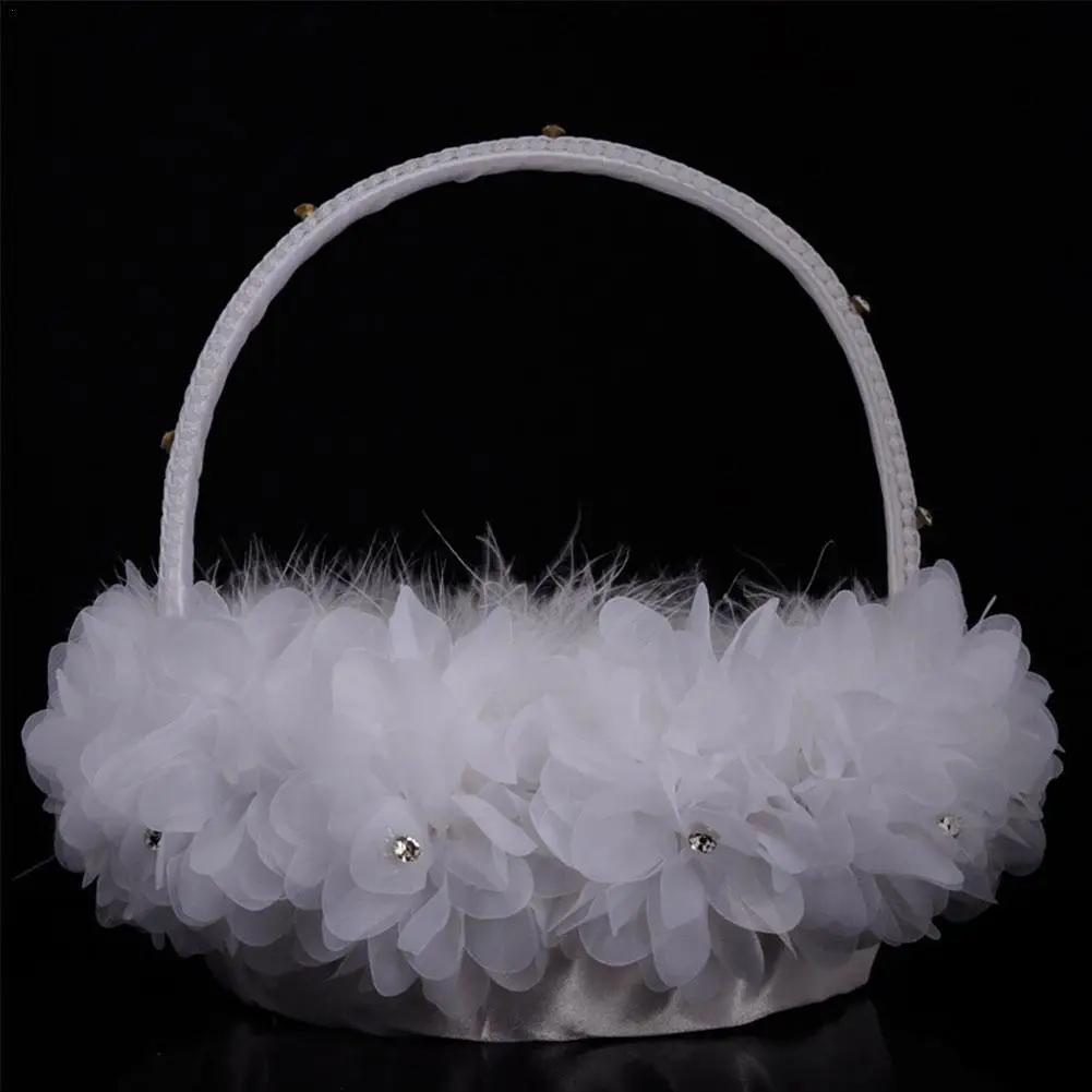 

Flower Girl Baskets The Fabric Lace Decoration Cute Handle Flower Girl Basket White Flower Basket For Wedding Decoration