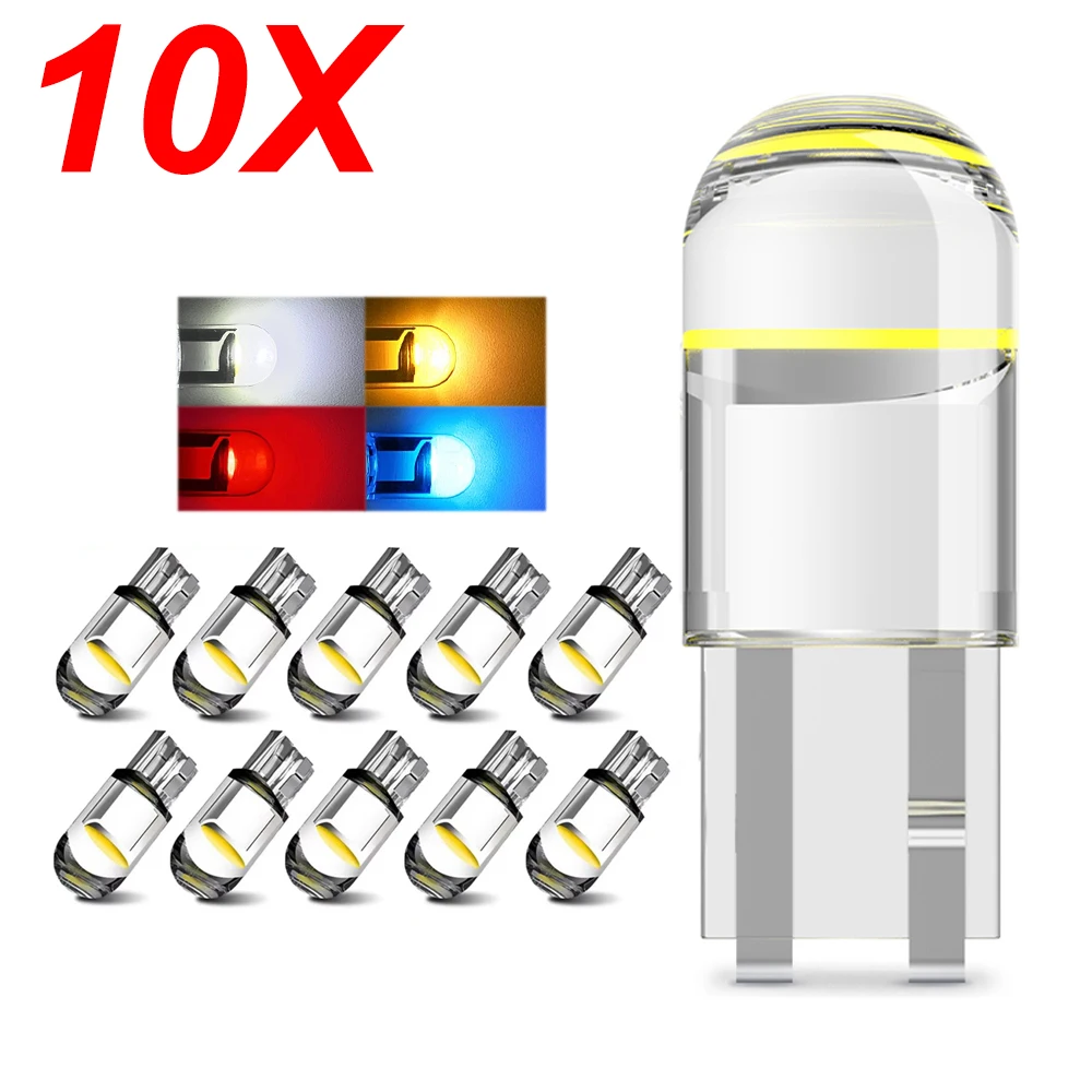 

10X Автомобильная фотолампа 10 W5W Canbus Glass COB 6000k, купольная лампа для чтения, маркер, лампочка для номерного знака 168 194 192 12 В, белый, синий, красный