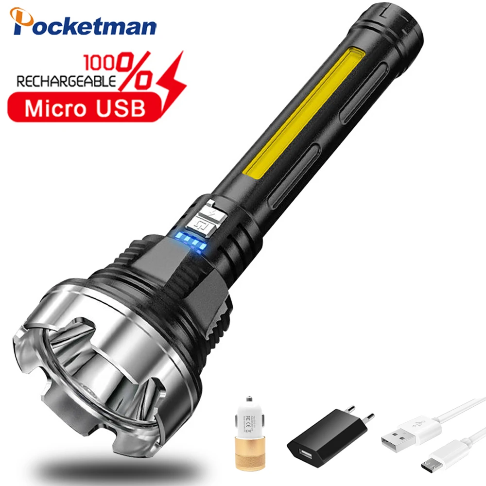 

LED flashlight with USB cable, LED+side light, 4 modes, built-in 18650 battery, electric display, torch