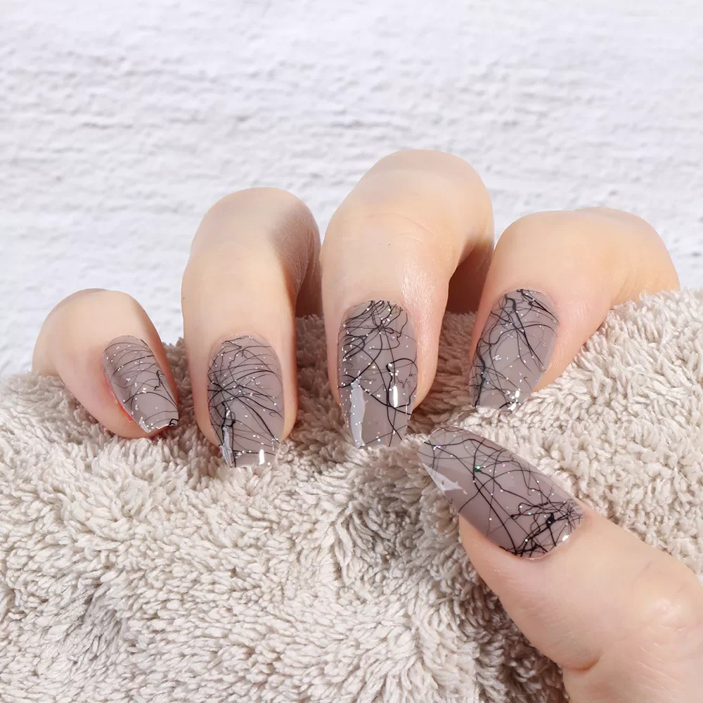 

Short Ballerina False Nails with Messy Lines Designs Fake Nails Press on Nails Full Cover Nail Art Tips with Glue