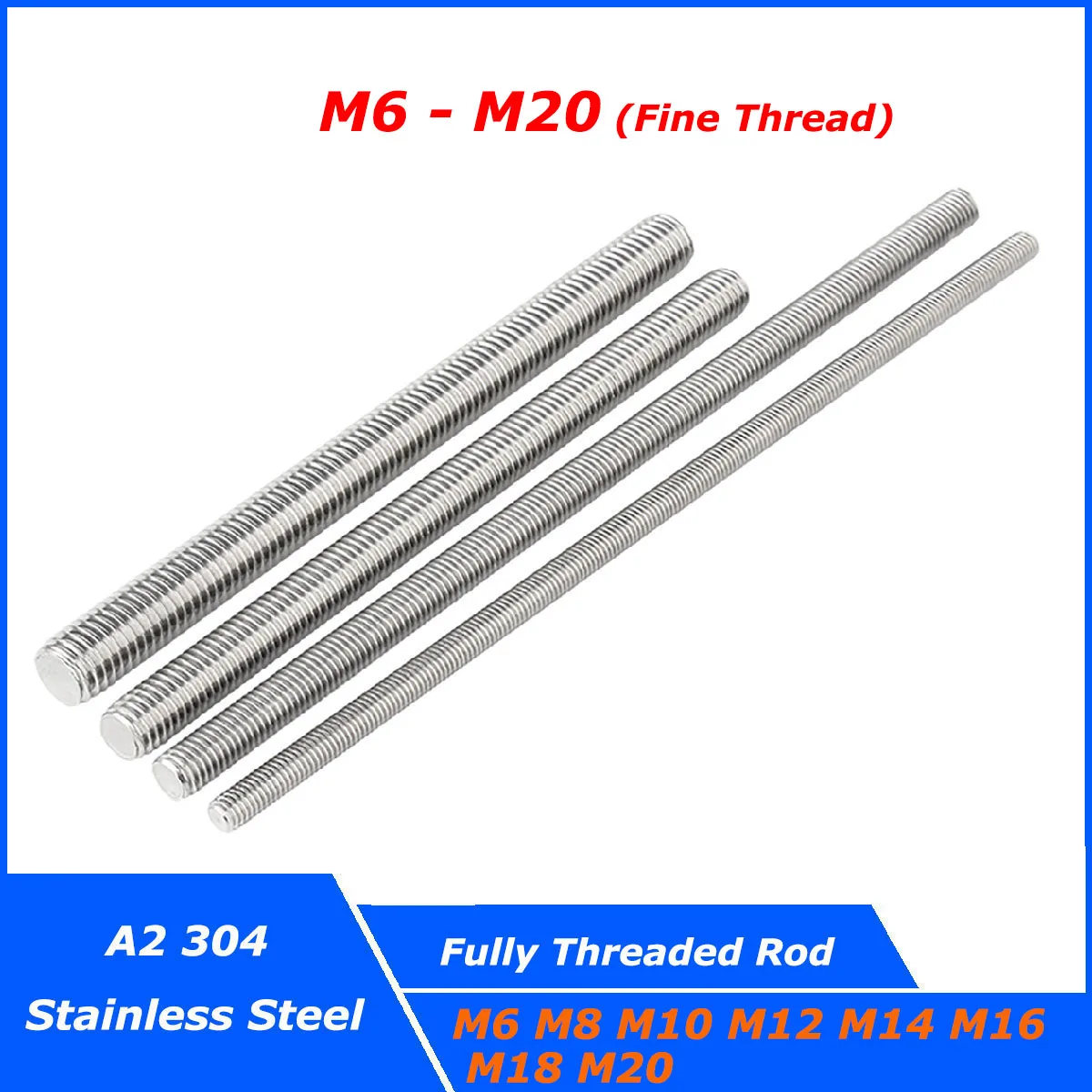 

250mm 304 Stainless Steel Fine Threaded Rod Fully Thread Bar Studs Screw M6 M8 M10 M12 M14 M16 M18 M20 Pitch = 0.75/1/1.25/1.5mm