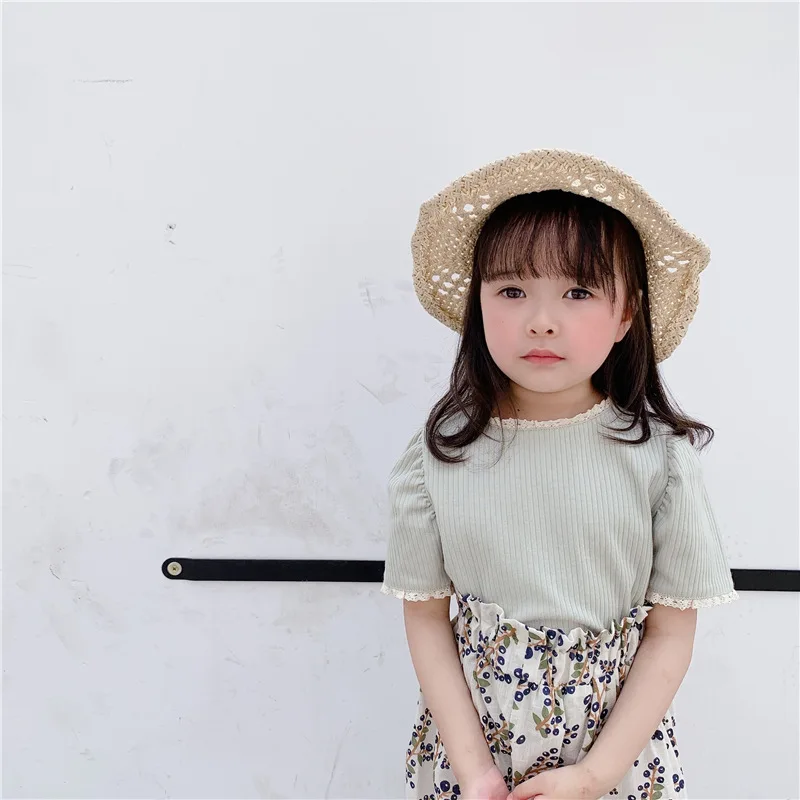 T-shirts Lace Baby Girls Summer Korean Style Toddlers Kids Short-sleeved Rib Tops Pure Color Children Encanto Tees Camisetas New enlarge