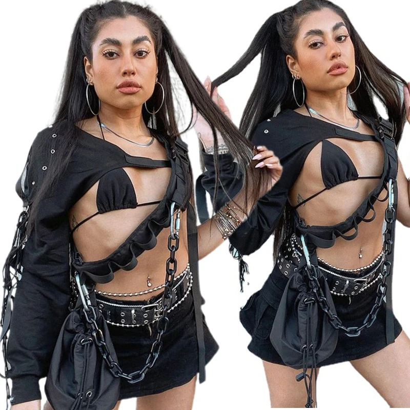 

Women Sexy One Shoulder Adjustable Buckle Crop Top Irregular Oblique Neck Hip Hop Dancewear Long Sleeve Festival Shrugs