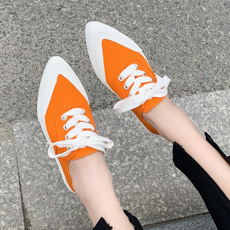 

JMPRS Mix Color Breathable Canvas Sneakers Women 2022 Autumn Pointed Toe Soft Sole Flats Woman Non-Slip Lace Up Casual Shoes