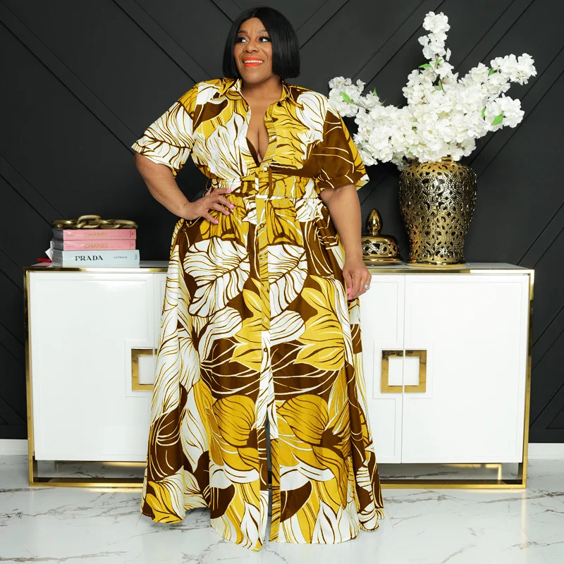 2022  Fall New Fashion  Plus Size Dress 5xl Printed Long Lapel Button Casual Two Wear Plus Size Women Dresses Bulk Direct Sales