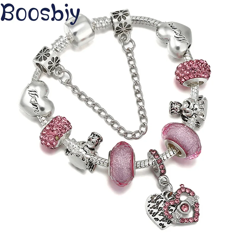 

Новый дизайн, посеребренный браслет-цепочка со змеиным плетением, очаровательный браслет с розовым сердцем, подвески с бусинами для мам для...