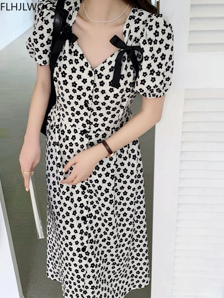

Женское приталенное платье с V-образным вырезом, черное винтажное платье в стиле ретро с цветочным принтом и галстуком-бабочкой в японском с...