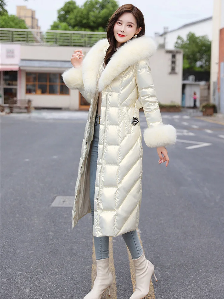 New Women Real Fur Down Coat Winter Fashion Hooded Double Fox Fur Collar Thicken Warm Long Wash Free Glossy Surface Down Jacket